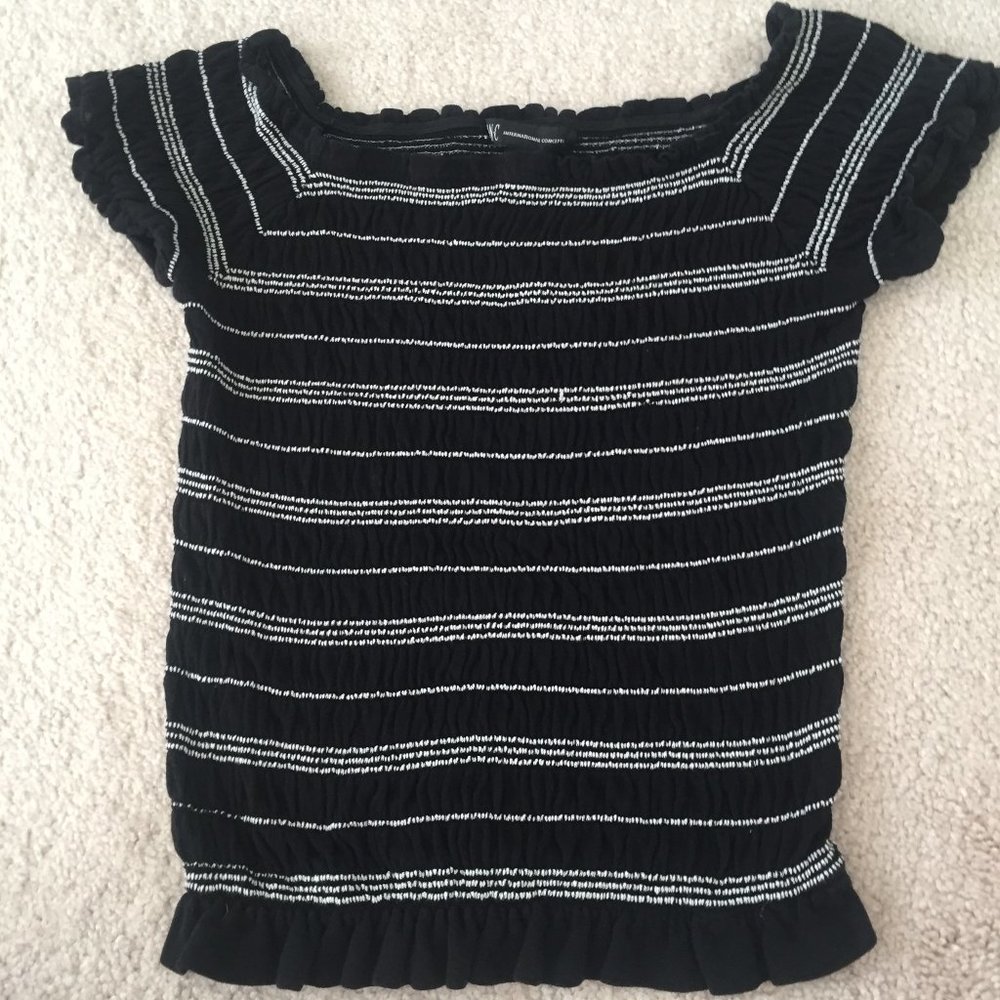 Black Ruched Shirt with White Stripes and Ruffles